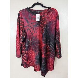 NWT Calessa Scoopneck Red Burnout Asymmetric Hem Blouse Size XL